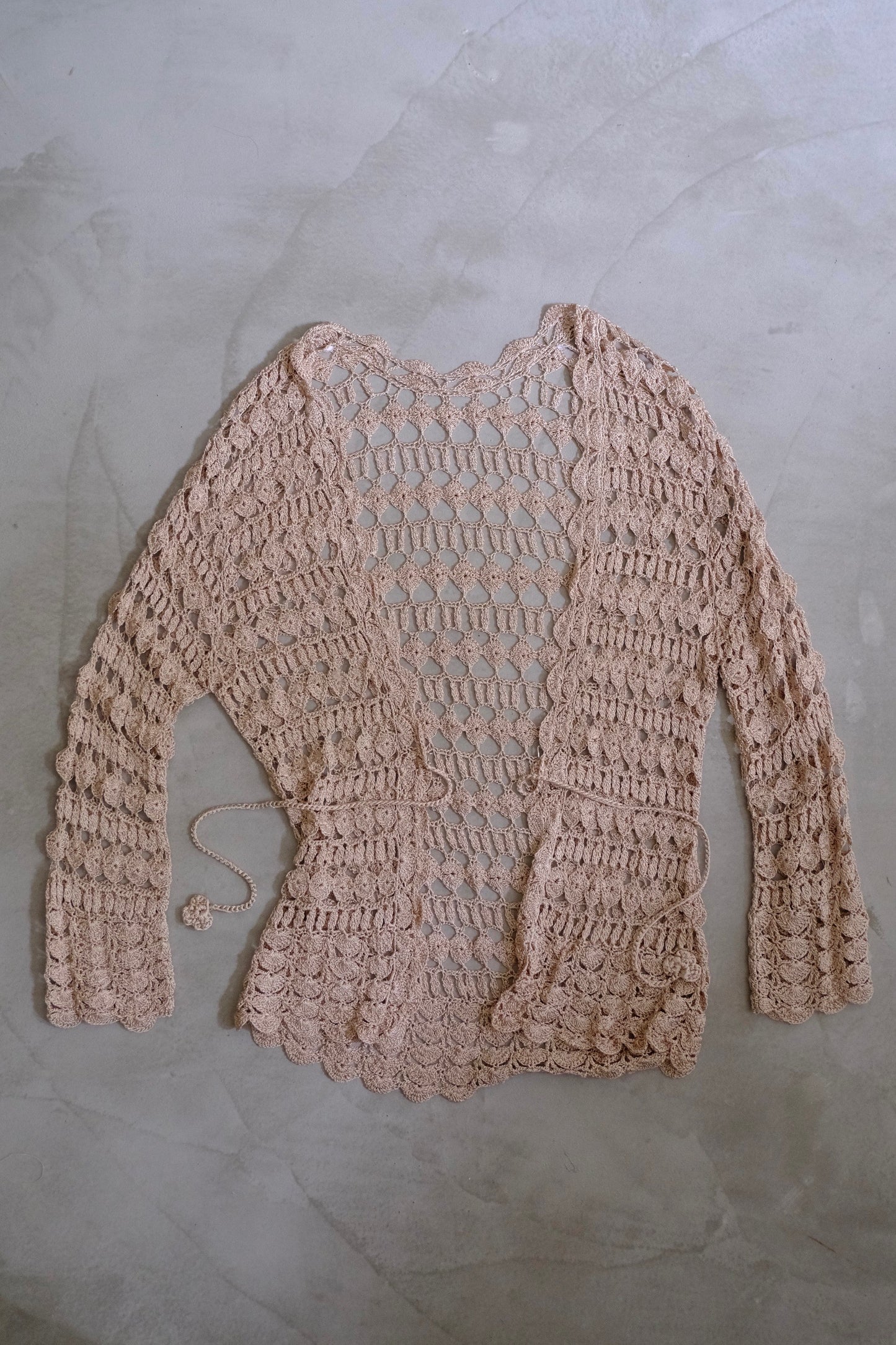 Vintage Beige Crochet Open-Front Cardiga