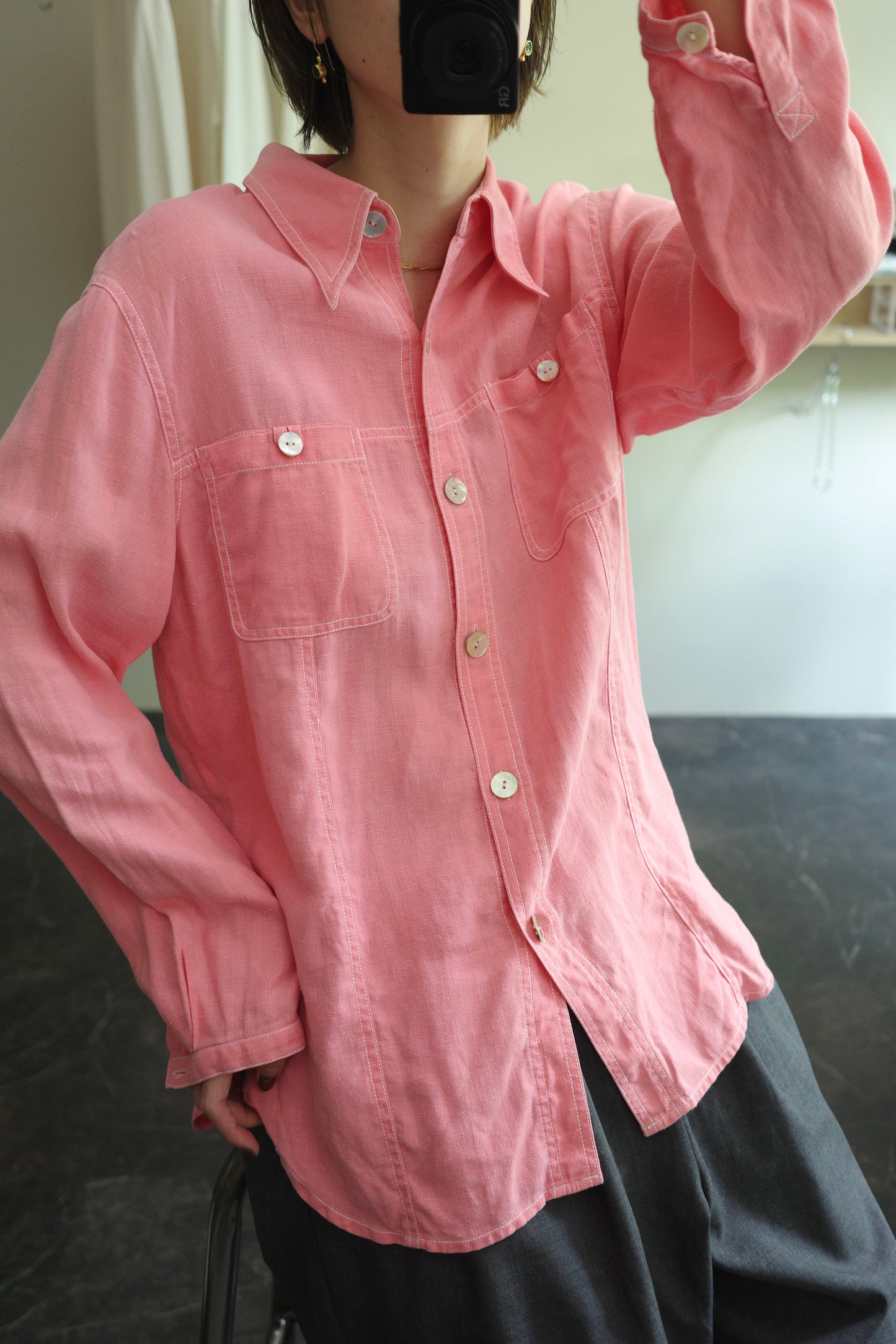 pink linen & shell button shirt