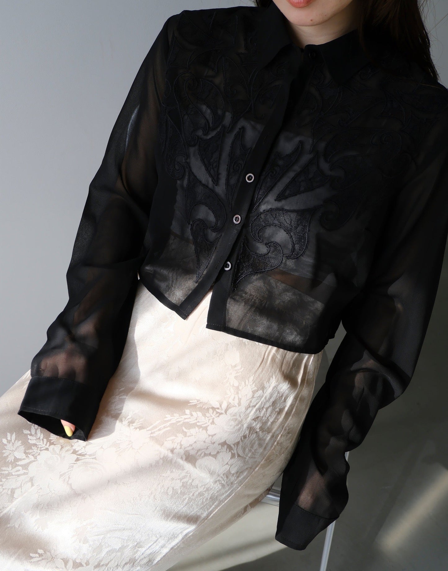 sheer embroidery black blouse