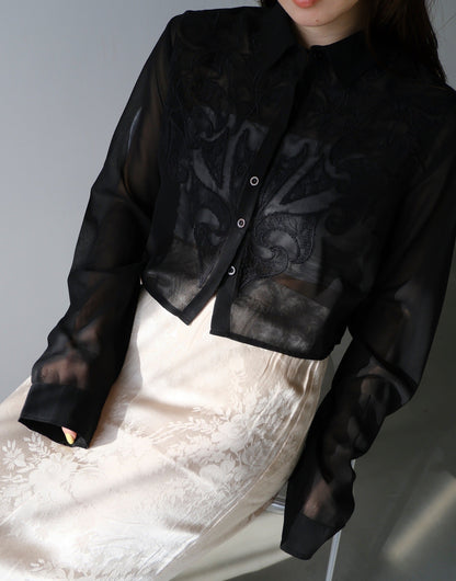 sheer embroidery black blouse