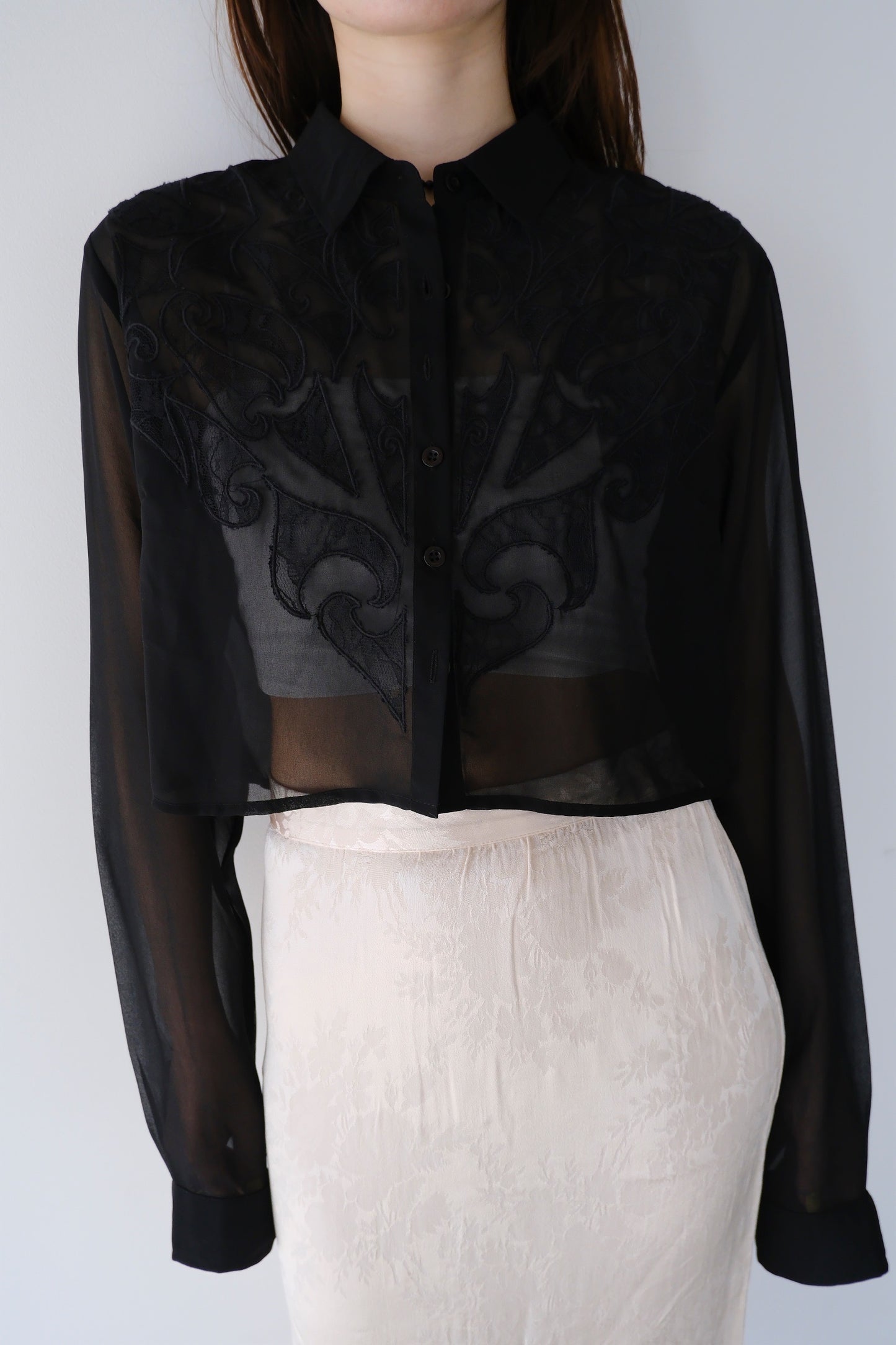sheer embroidery black blouse